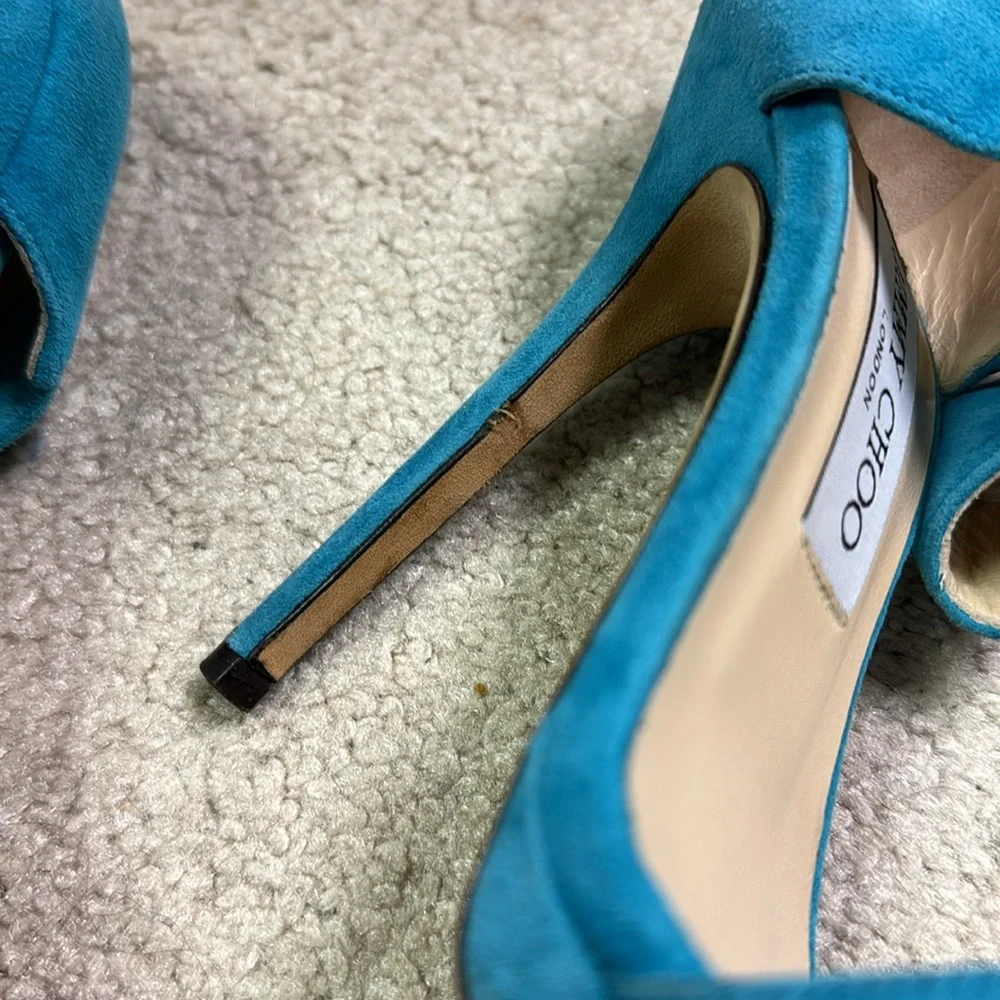 Women’s Jimmy Choo Platform Turquoise Suede Strappy Heels Size 37EU